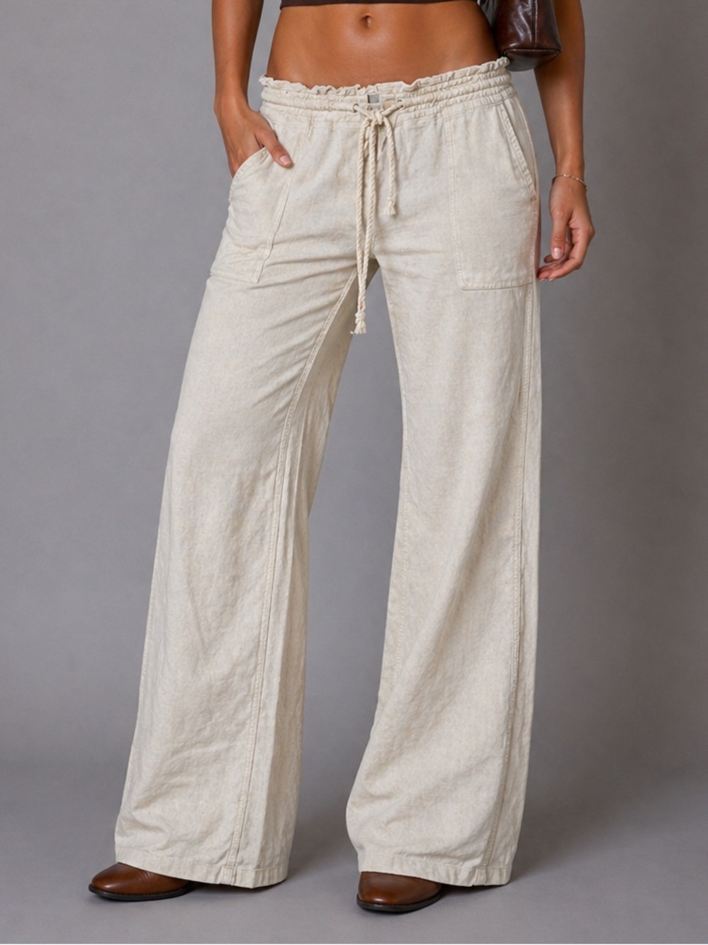Y2K Roxy Beige Linen Wide Leg Pants